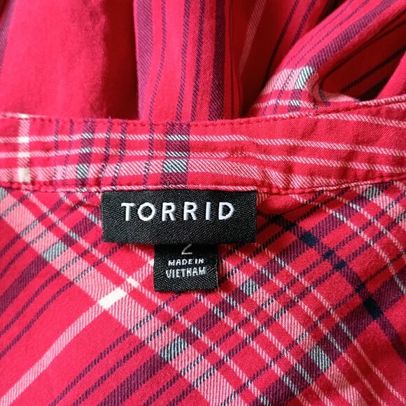 Torrid Red Challis Plaid button front short Dolman Sleeve blouse 2X - Picture 8 of 8